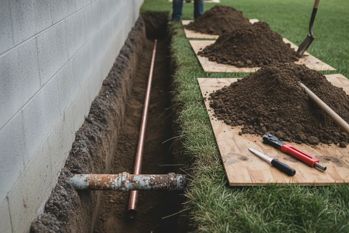 Excavated water line trench during Sewer Line Repair in Cotton Plant